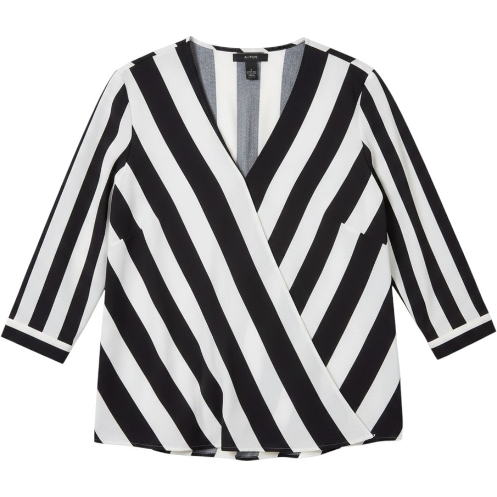 Alfani Blouse Womens 8 Black White V Neck 3/4 Sleeve Stripe Wrap Tunic Top